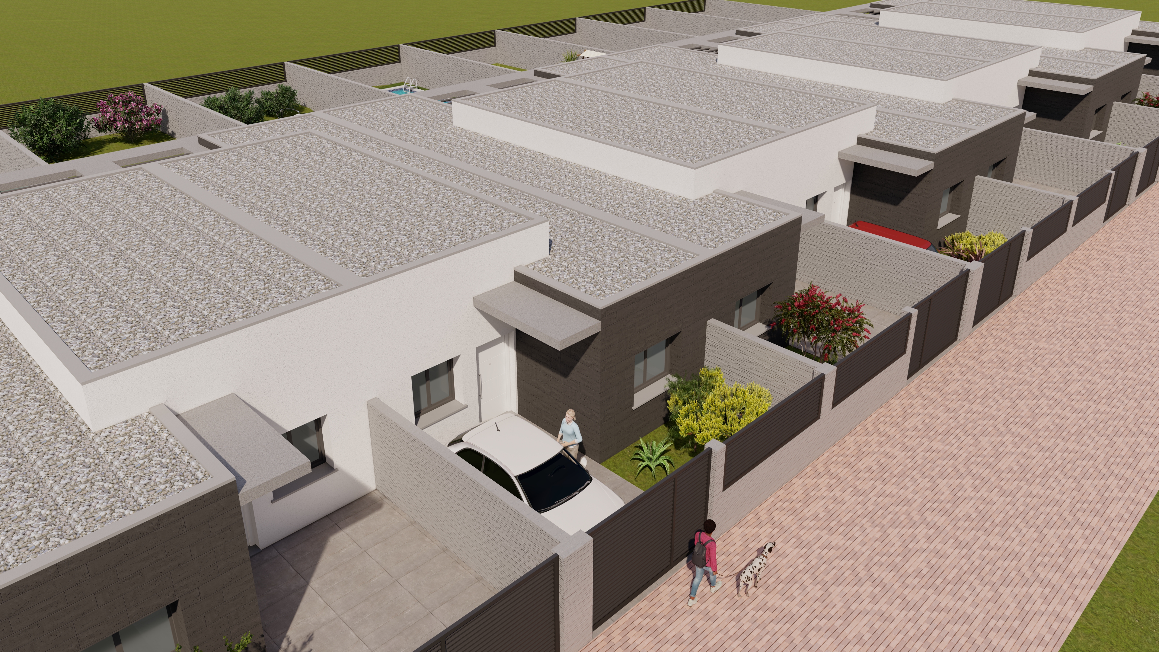 Vista aérea de fila de viviendas modernas con patios privados